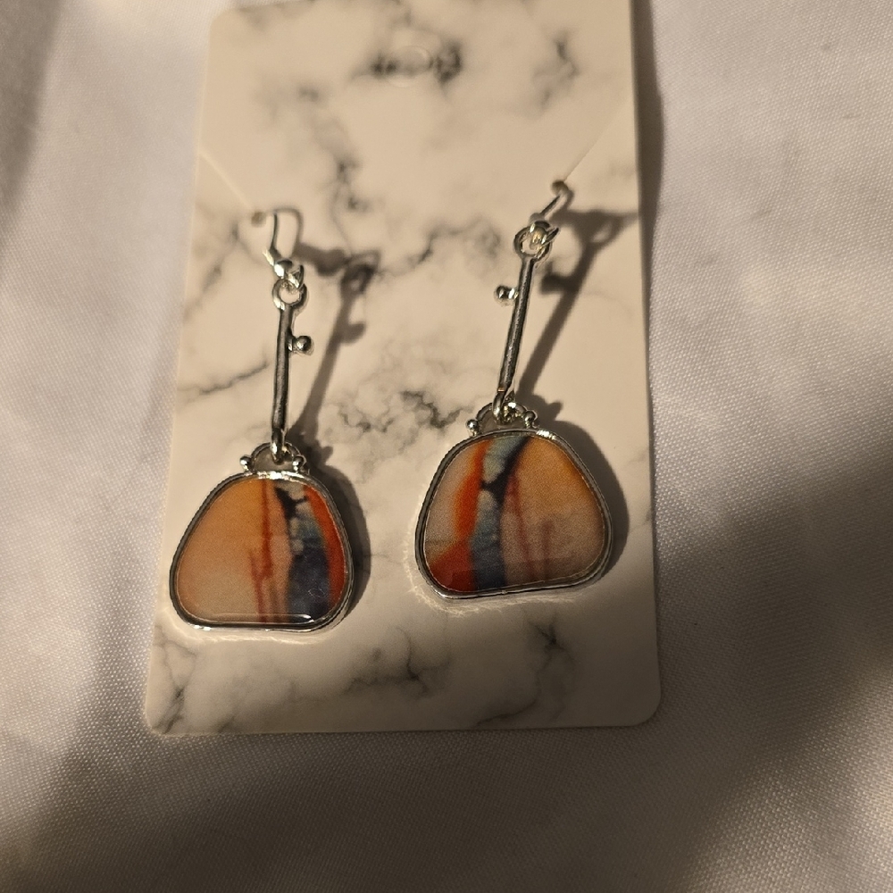 Silver and Orange Teardrop Earrings with Amber-like Resin